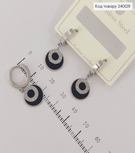 Серьги кольца Римский часы серебряный цвет с черным камнем  Stainless Steel 240129 фото 2