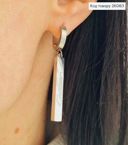 Серьги кольца (1,3см) Серебряного цвета с прямоугольной подвеской Cartier (3см), Stainless Steel 260163 фото 3