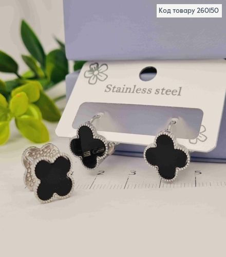 Серьги серебряного цвета, "Van Cleef" двойные с Черной эмалью, 1,3см, сталь Stainless Steel 260150 фото 2