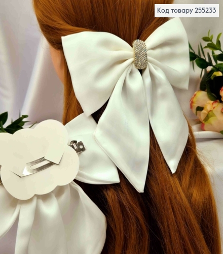 Бант з камінцями, БІЛИЙ, атласний , на заколці автоматик, розмір 16*16см 255233 фото 2