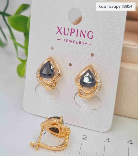 Серьги "Космическая Капелька" с Черным камнем, 1,4см, английская застежка, Xuping 18К 118854 фото 2