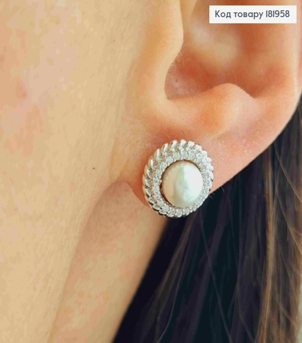 Серьги родованные гвоздики с блестящими камешками и жемчужиной, размером 1,1см, Xuping 181958 фото 2