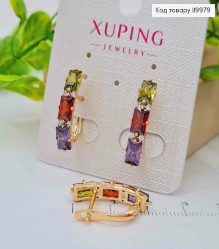 Серьги с тремя Разноцветными камешками, 2,2см, английская застежка, Xuping 18K 119979 фото 2