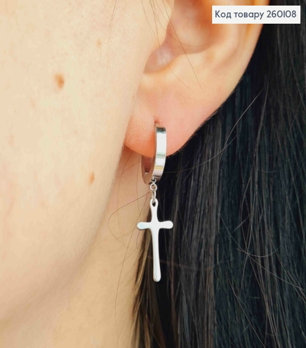 Серьги кольца (1,4см) с подвеской "Крестик", 1,7см, серебряного цвета, сталь Stainless Steel 260108 фото 2