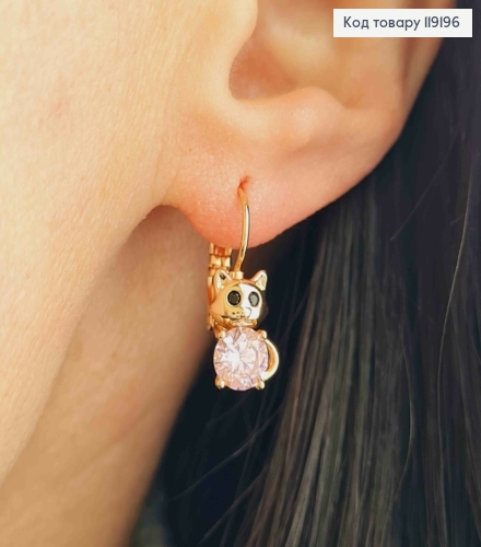 Серьги "Котик" с Розовым камнем, длина 2см, Xuping 18K 119196 фото 3