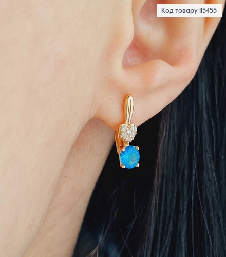 Сережки з сердечком в камінцях та камінцем лазурного кольору, 1,5см. Xuping 18K 115455 фото 2