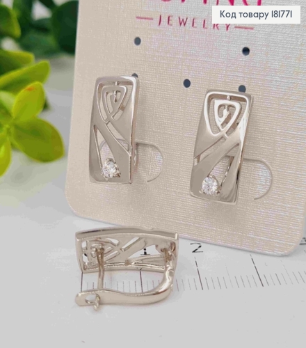 Серьги родованные Прямоугольные с Блестящим камнем, длина 1,7см, английская застежка, Xuping 181771 фото 2