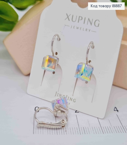 Серьги родованные с Квадратным камнем Сваровски Хамелеон, длина 1,5см, застежка левербек, Xuping 181887 фото 2