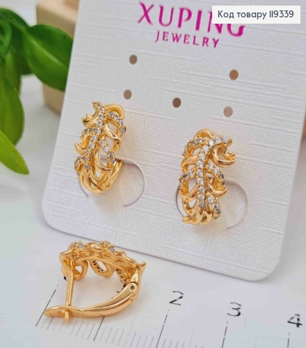 Серьги "Пальмовая Веточка" с Блестящими камешками, длина 1,5см, английская застежка, XUPING 18K 119339 фото 2