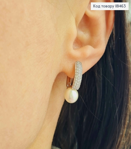 Серьги, Пластина с тремя рядами камней с жемчужиной, 2,2см, англ застежка, Xuping 181463 фото 2