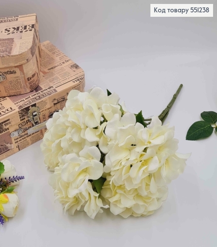 Искусственные цветы. Ветвь БЕЛЫХ гортензий (5 пучков), высотой 46 см, диаметр одного цветочка 7см. 551238 фото 2