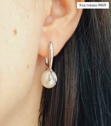 Серьги родованные с жемчужиной и листочком, 2,5см, англ. зам., Xuping 181619 фото 3