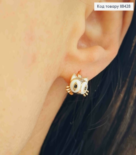 Серьги кольца "Котенки" с Белой эмалью, диаметр 1см, Xuping 18K 118428 фото 3