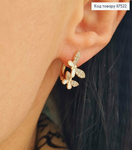 Серьги, "Бабочки" украшены камешками и белой эмалью, 1,7см, англ. зам., XUPING 18K 117522 фото 2