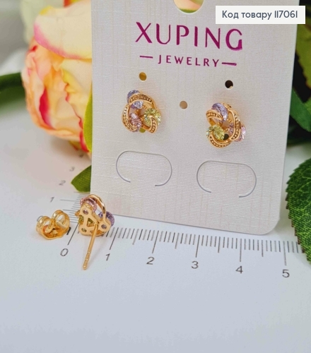 Серьги гвоздики, "Узелки" с цветными пастельными камешками, 1см, Xuping 18K 117061 фото 2