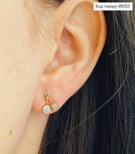 Серьги гвоздики "Вишенки-Черешеньки" с Блестящими камешками, 1см, Xuping 18К 119053 фото 3