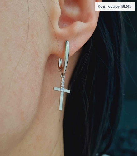 Серьги кольца родованные, с подвесками Крестиками в камешках, 1,5см, Xuping 181245 фото 3