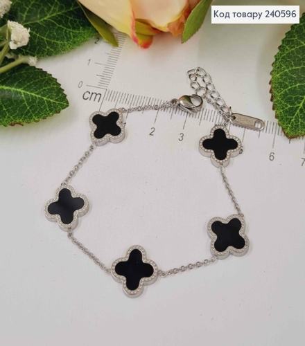 Браслет срібного кольору, "Van Cleef" з чорною емаллю, 18+3см сталь Stainless Steel 240596 фото 3