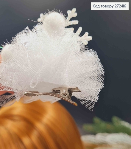 Заколка стріла, блискуча Сніжинка білого кольору, з фатином та перлинками, 7см 272416 фото 2