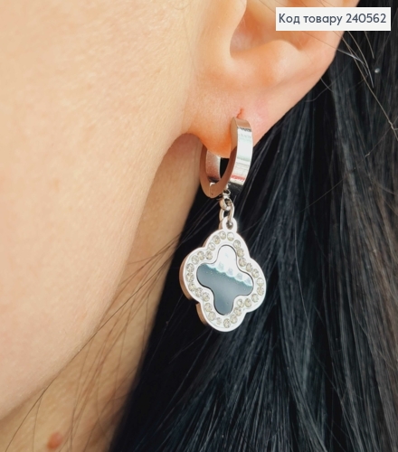 Серьги кольца, с подвесками "Van Cleef" в камешках, 1,5см, серебряного цвета, сталь Stainless Steel 240562 фото 3