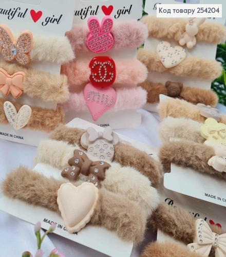 Набор: резинка "ПУШОК" (3шт) с брошью в камнях, Пастельные цвета в ассортименте, 6см 254204 фото 2