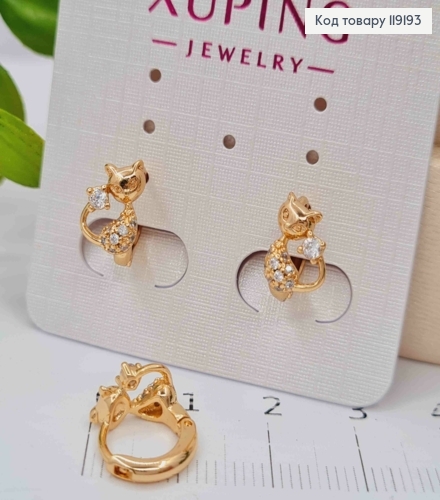 Сережки кільця "Котик" з Блискучими камінцями, (0,9см), діаметр 1,1см, Xuping 18K 119193 фото 2