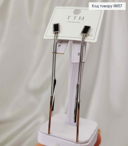 Серьги, гвоздики прямоугольник с черной эмалью, двумя точками с палочками 7см, Xuping 181157 фото 3