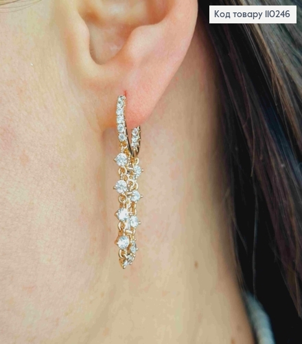 Сережки кільця в Блискучих камінцях з підвісними ланцюжками в камінця, розмір 1,2+2см, Xuping 18K 110246 фото 3