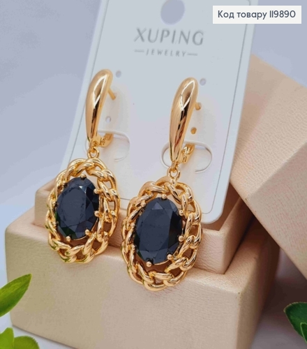 Серьги с черным подвесным камнем в оправе из цепочки, 1,8+2,4см, английская застежка, Xuping 18K 119890 фото 2