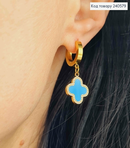 Серьги кольца, лимонные, с голубой эмалью, "Van Cleef", 1,6см, сталь Stainless Steel 260052 фото 2