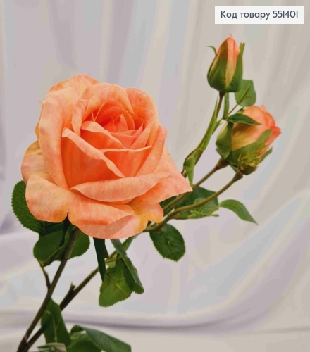 Искусственная ветвь Розы, ПЕРСИКОВОГО цвета, 2 цветочка и 1 бутоны, высотой 66см 551401 фото 2