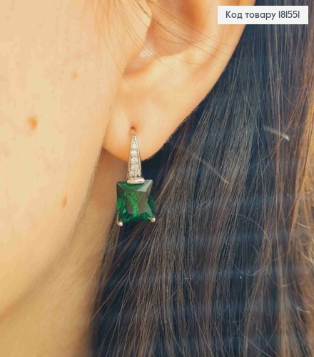 Серьги родованные с квадратным Зеленым камнем, 1,9см, английская застежка, XUPING 181551 фото 3