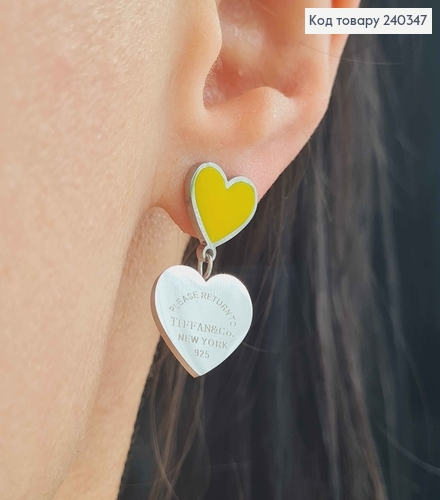 Сережки гвоздики, з підвісками сердечками, з жовтою емаллю, срібного кольору, сталь Stainless Steel 260009 фото 2