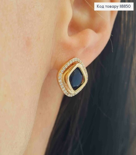 Серьги "Глаза Сфинкса" с Темно-Синим камнем в оправе из камешков, 1,4см, англ. застежка, Xuping 18К 118850 фото 2