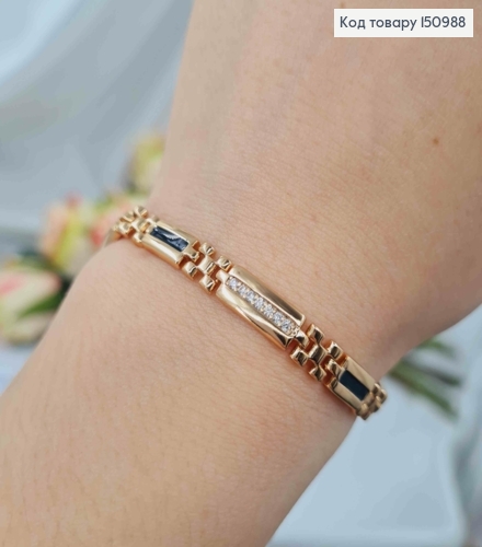 Браслет плетения пластинками украшенными Черной эмалью и блестящими камешками, 17+2см, Xuping 18K 150988 фото 2