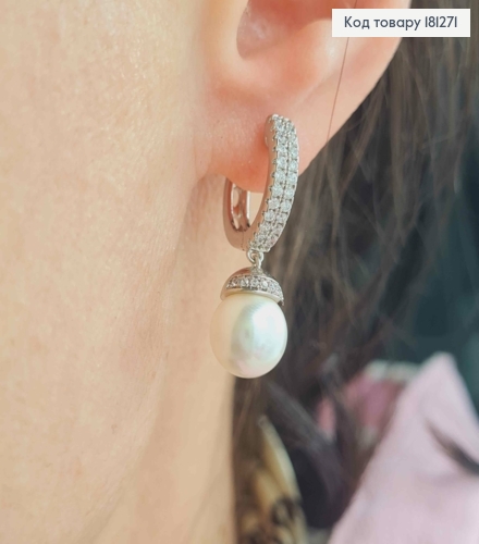 Серьги родованные, с двумя рядами камней и подвеской жемчужиной, 3см, англ. зам. Xuping 181271 фото 2