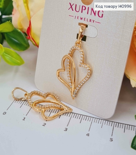 Кулон "Двойное Сердце" с Блестящими камешками, 2,5см, Xuping 18K 140996 фото 2