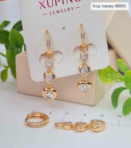 Сережки кільця з рухливою підвіскою Серця в Камінцях (2,5см), діаметр 1,3см,  XUPING 18K 118890 фото 2