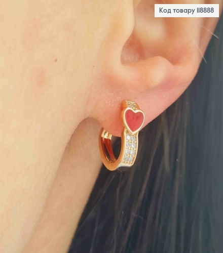 Сережки кільця "Серце" з Блискучими камінцями та Червоною емаллю, 1,4см, Xuping 18K 118888 фото 2