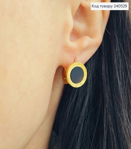 Сережки кільця 1см, Римський годинник з чорною емаллю, колір лимонні Stainless Steel 260030 фото 2