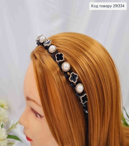 Обруч пластик, глянцевий, Хвилястий з Бусинками та "Van Cleef", 1см, Чорного кольору 291334 фото 2