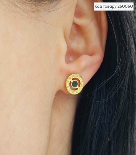 Серьги гвоздики, Римские часы с черной эмалью, Золотого цвета, Stainless Steel 260060 фото 2