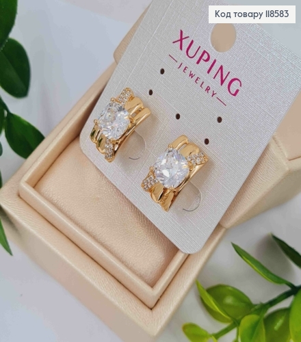 Серьги "Прямоугольные" с Большим Блестящим камнем, 1,6см, английская застежка, Xuping 18К 118583 фото 2