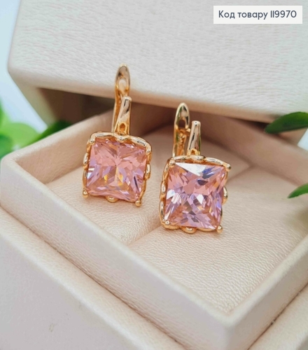 Серьги с квадратным изысканно-розовым камнем, дл. 1,5см, английская застежка, Xuping 18K 119970 фото 2