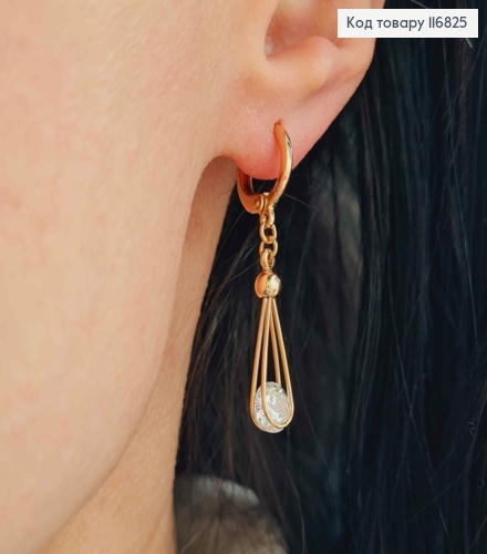 Серьги кольца 1см, Капелька с белым камешком, 2см, Xuping 18К 116825 фото 3