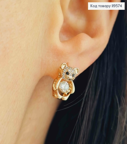 Серьги "Мишки" с Блестящим камнем в середине, 1,2см, английская застежка, Xuping 18К 119574 фото 2