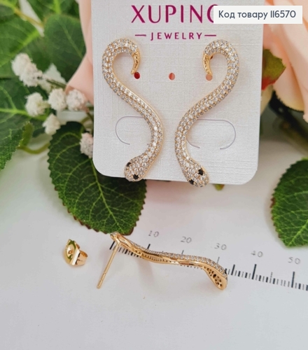 Сережки гвоздики, Змійки в камінцях з чорними очима, Xuping 18K 116570 фото 2