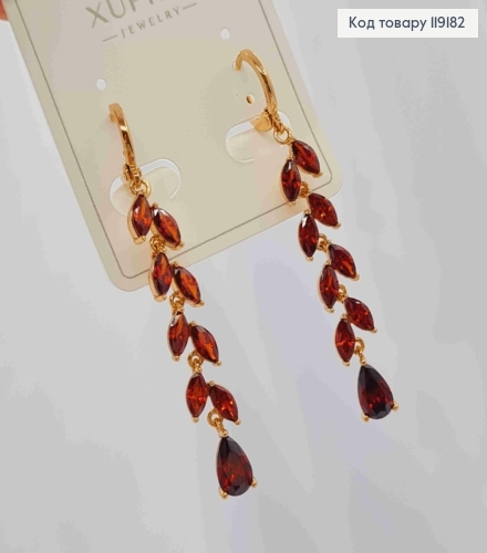 Сережки кільця (1,1см) з підвіскою Гілочка з Червоних камінців (4,1см), Xuping 18K 119182 фото 3