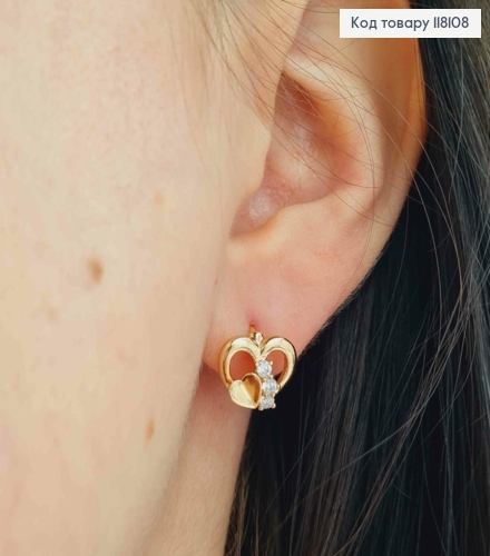 Серьги кольца "Двойное Сердце" с Блестящими камешками, диаметр 1,1см, Xuping 18К 118108 фото 3