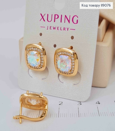 Серьги "Квадратные" с блестящим камнем Хамелеон, 1,4*1,4см, английская застежка, XUPING 18K 119076 фото 2
